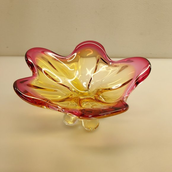 MURANO ITALY ART GLASS ABSTRACT CENTERPIECE PEDESTAL STARFISH BOWL PINK PURPLE - Picture 2 of 16